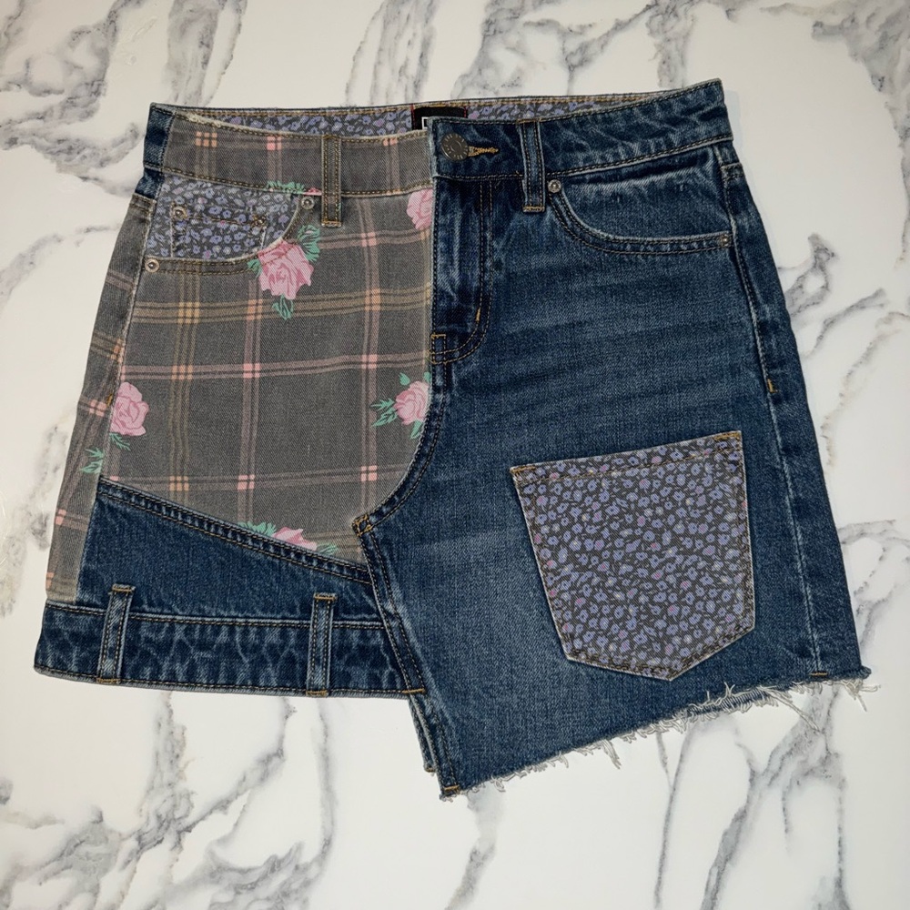 Patchwork Denim Skirt - Blue and Gray